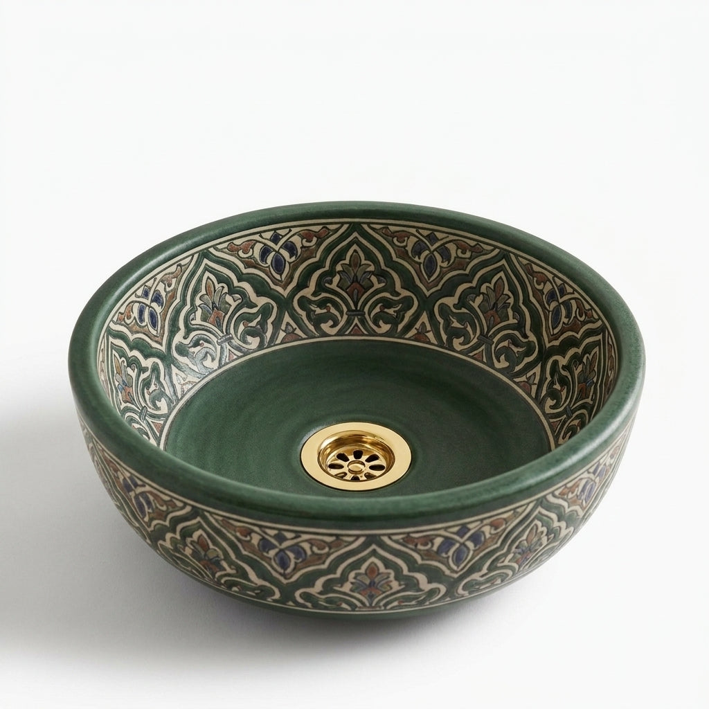 Forest Arabesque Moroccan ceramic sink - studio view of green basin