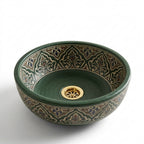 Forest Arabesque Moroccan ceramic sink - angled view of arabesque frieze