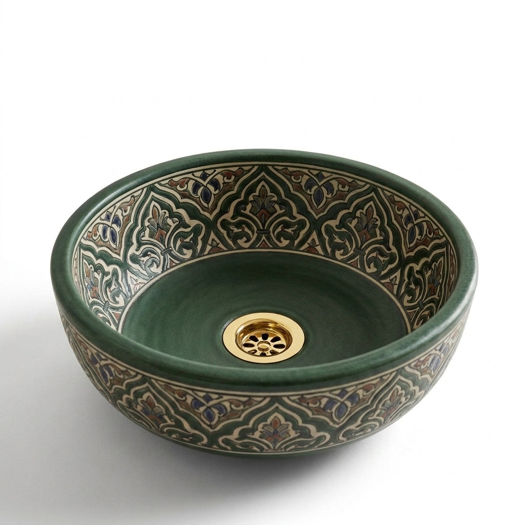 Forest Arabesque Moroccan ceramic sink - angled view of arabesque frieze