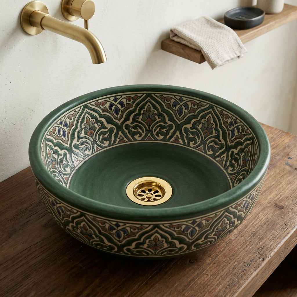 Forest Arabesque Moroccan ceramic vessel sink - full view with gold drain