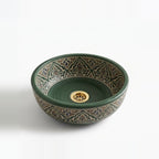 Forest Arabesque Moroccan ceramic vessel sink - deep forest green with cream and rust arabesque band