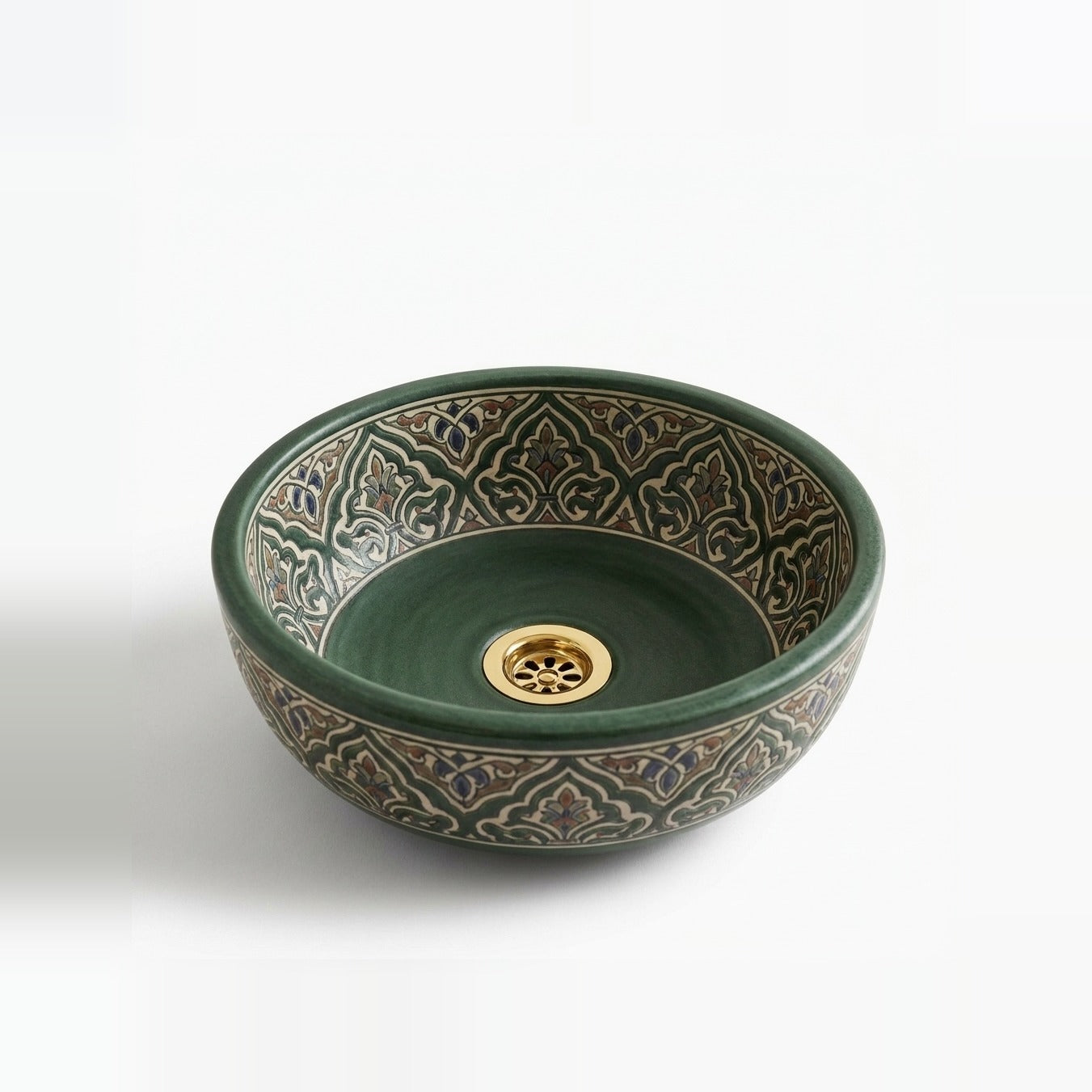 Forest Arabesque Moroccan ceramic vessel sink - deep forest green with cream and rust arabesque band