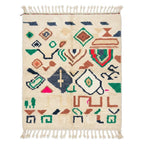 Forest Ember Azilal rug, handwoven wool with green, rust, navy and red tribal symbols, flat lay top view