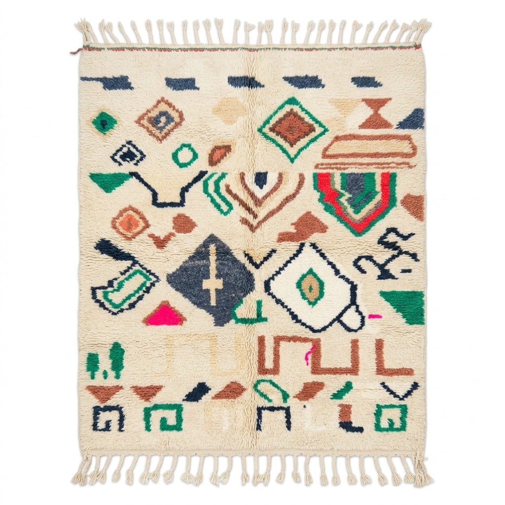Forest Ember Azilal rug, handwoven wool with green, rust, navy and red tribal symbols, flat lay top view