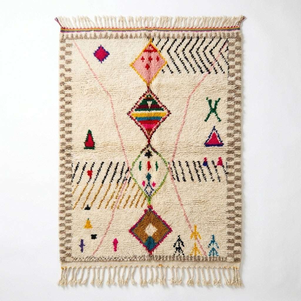 Framed Diamonds Azilal rug, handwoven wool with a grey and black zigzag border with multicolor diamonds, flat lay top view