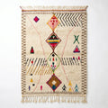 Framed Diamonds Azilal rug, handwoven wool with a grey and black zigzag border with multicolor diamonds, flat lay top view