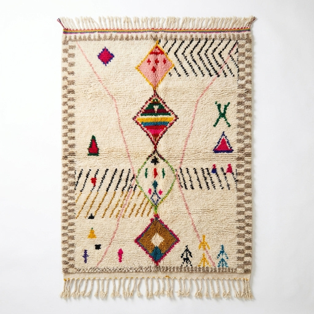 Framed Diamonds Azilal rug, handwoven wool with a grey and black zigzag border with multicolor diamonds, flat lay top view