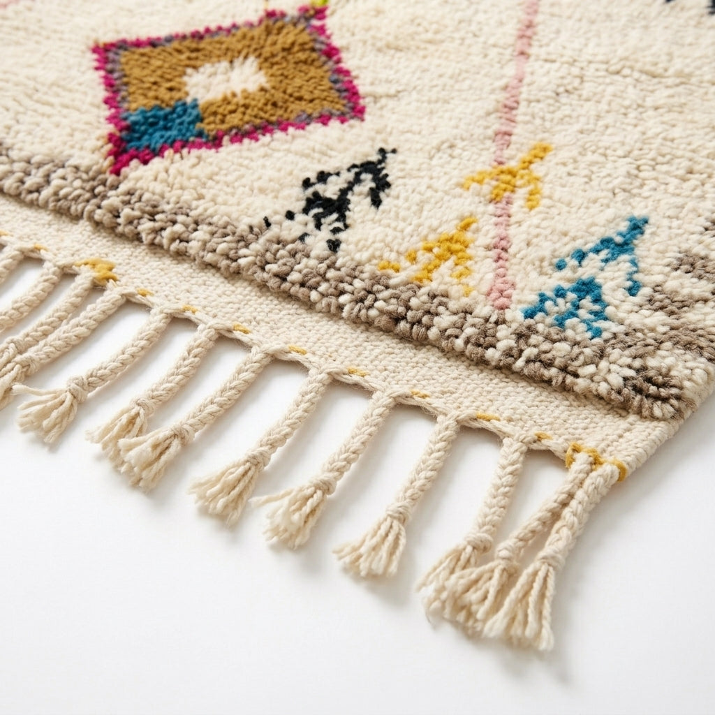 Framed Diamonds Azilal rug — hand-knotted fringe detail close-up