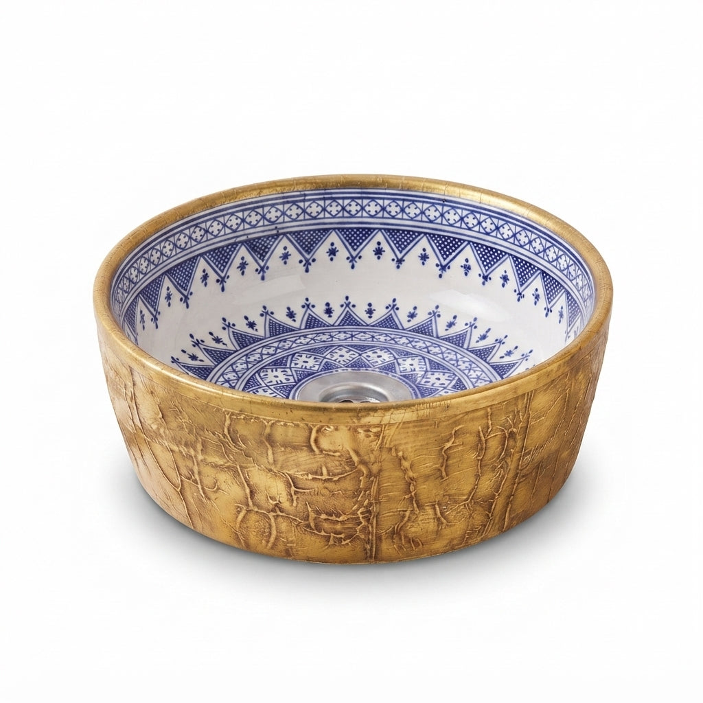 Gilded Indigo Drum Moroccan ceramic sink - angled view of gold drum