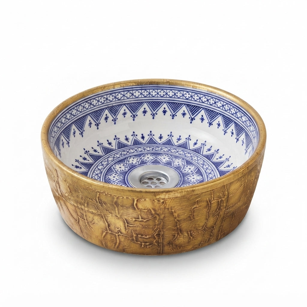 Gilded Indigo Drum Moroccan ceramic sink - top view of indigo starburst
