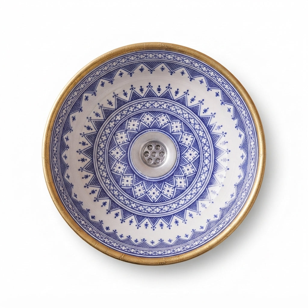 Gilded Indigo Drum Moroccan ceramic sink - detail of crackled gold leaf exterior