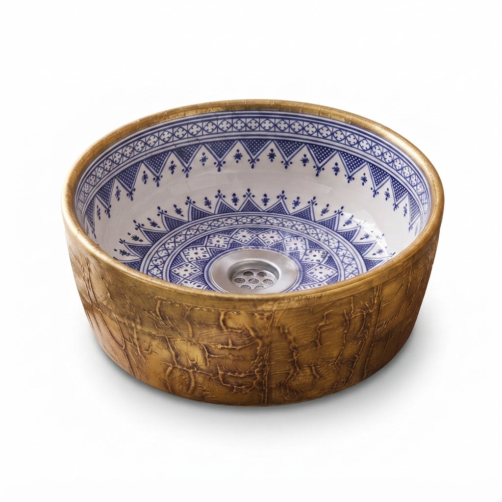 Gilded Indigo Drum Moroccan ceramic sink - studio view on white background
