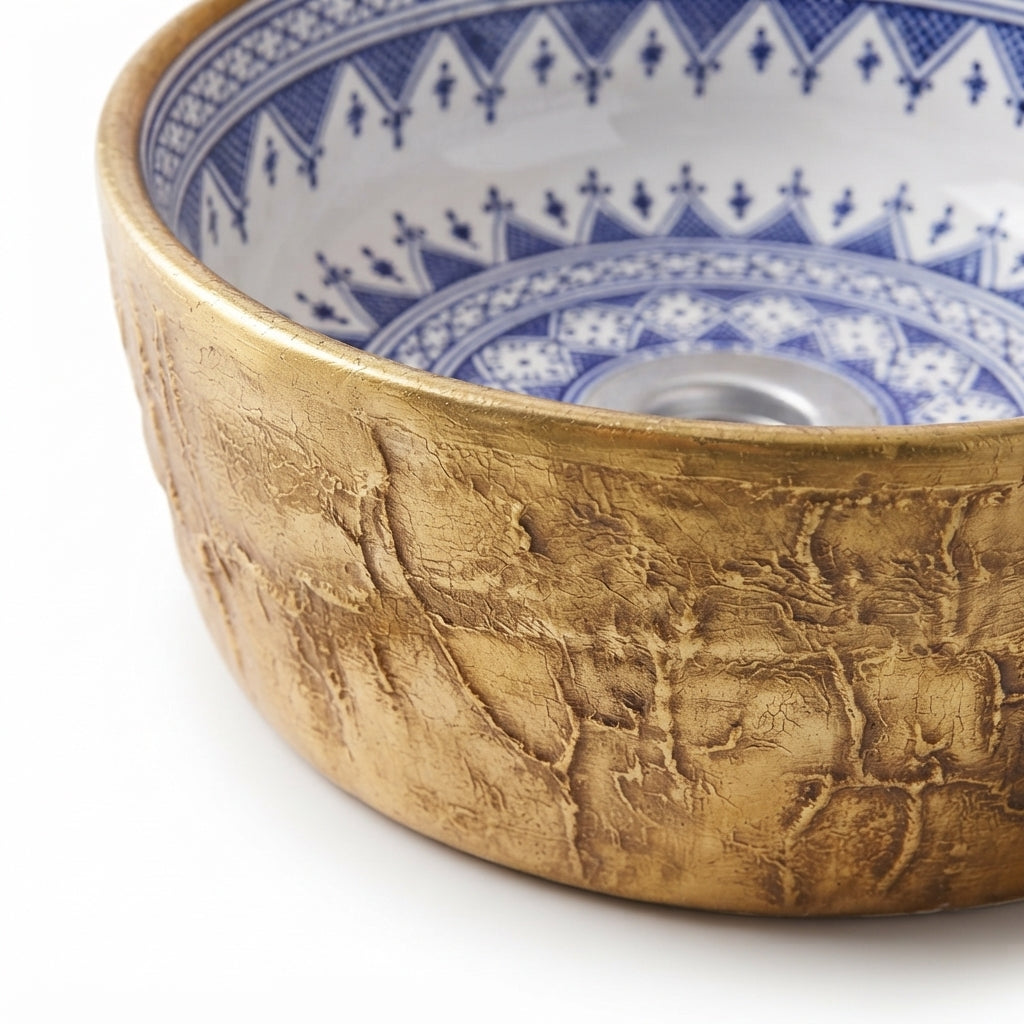 Gilded Indigo Drum Moroccan ceramic sink - macro of blue and white brushwork