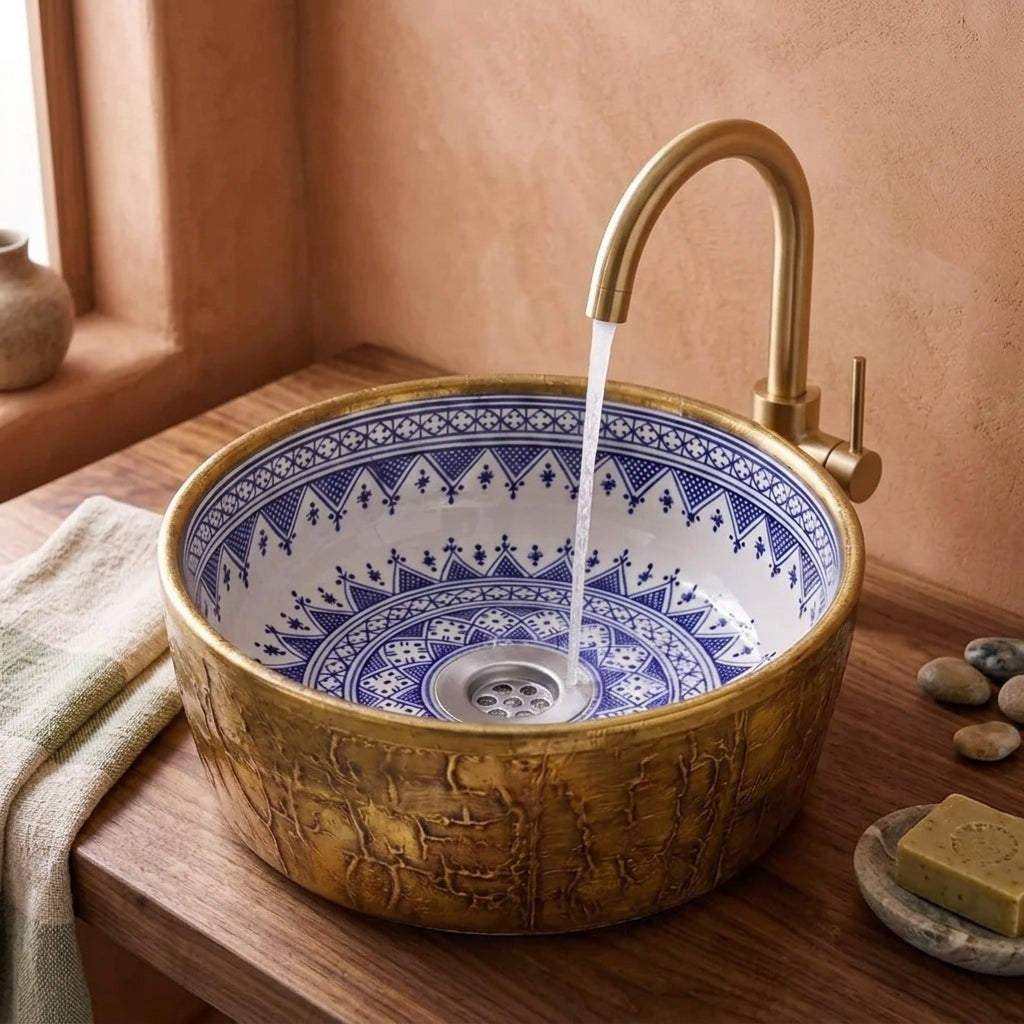 Gilded Indigo Drum Moroccan ceramic vessel sink styled on a bathroom counter in a Moroccan-inspired setting