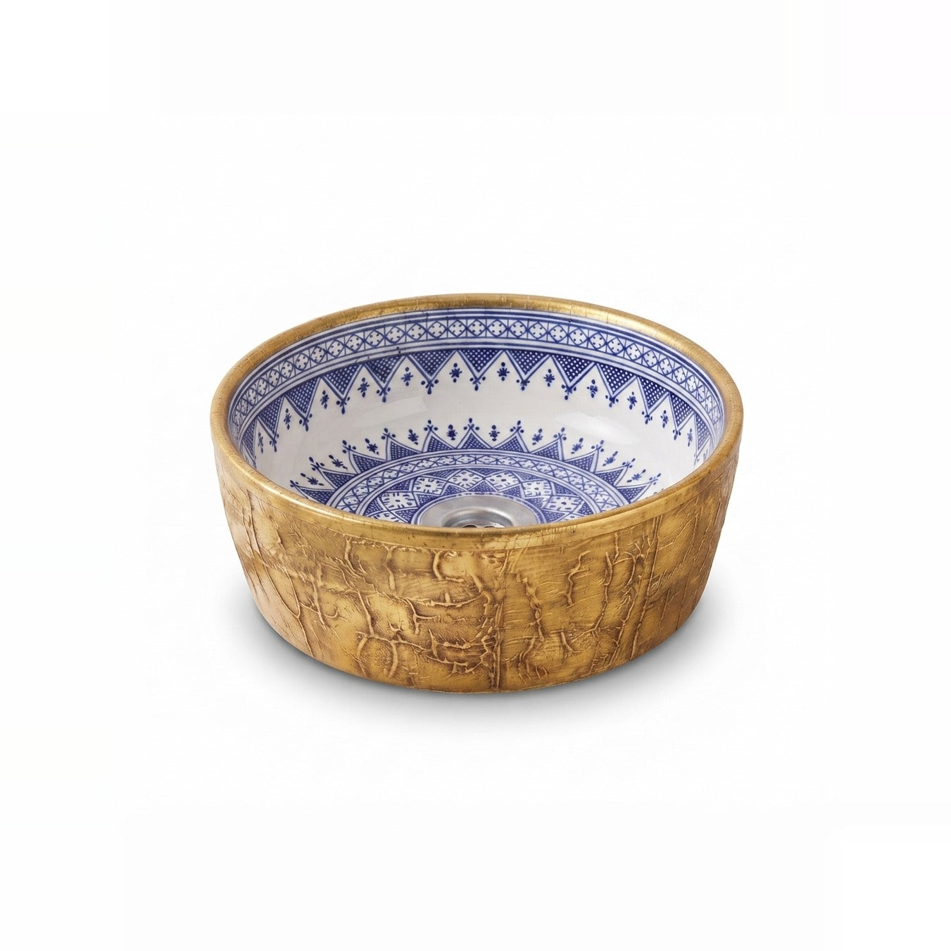 Gilded Indigo Drum Moroccan ceramic vessel sink - crackled gold-leaf exterior with indigo starburst interior