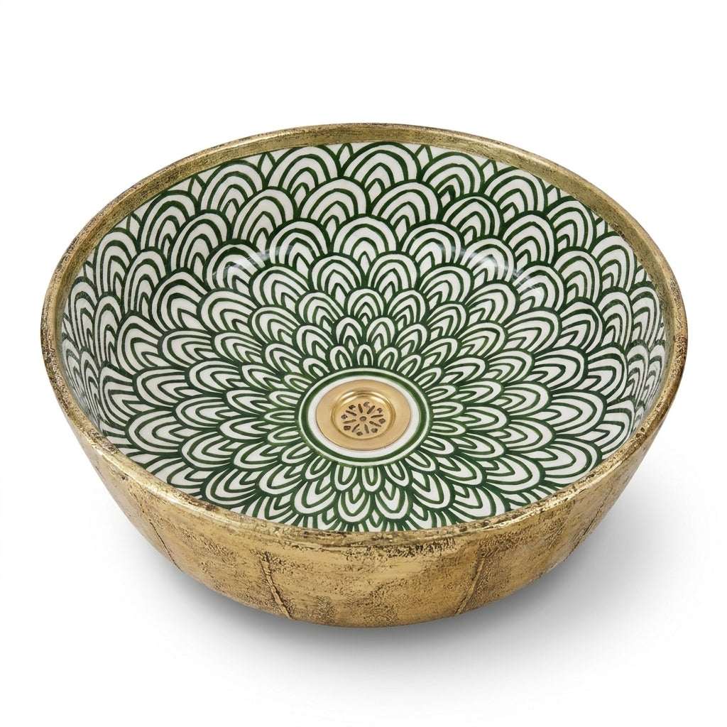 Gilded Peacock Bloom Moroccan ceramic sink - angled view of green bloom interior