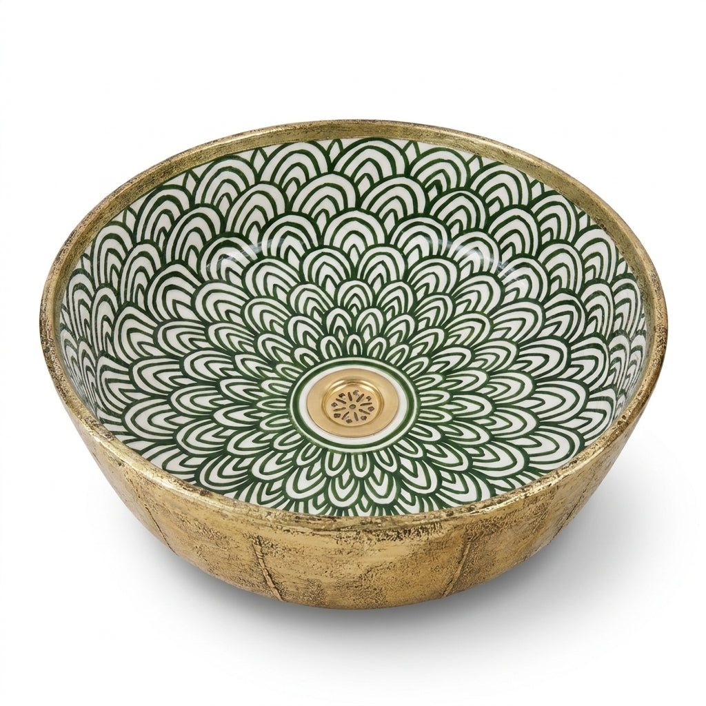 Gilded Peacock Bloom Moroccan ceramic sink - angled view of green bloom interior