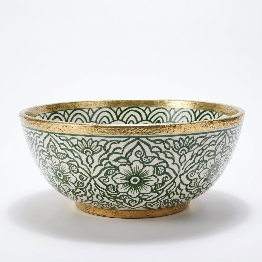 Gilded Peacock Bloom Moroccan ceramic sink - side view of gilded exterior