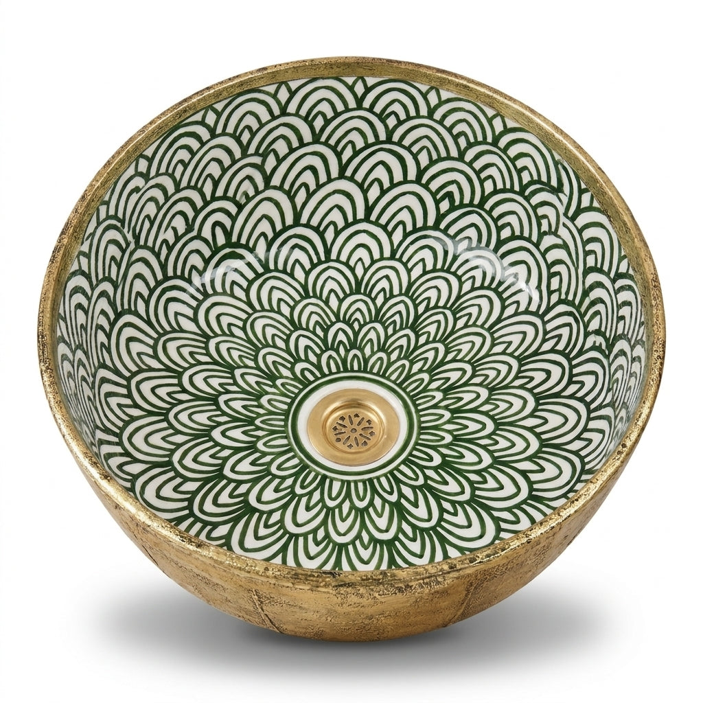 Gilded Peacock Bloom Moroccan ceramic sink - top view of petal mandala
