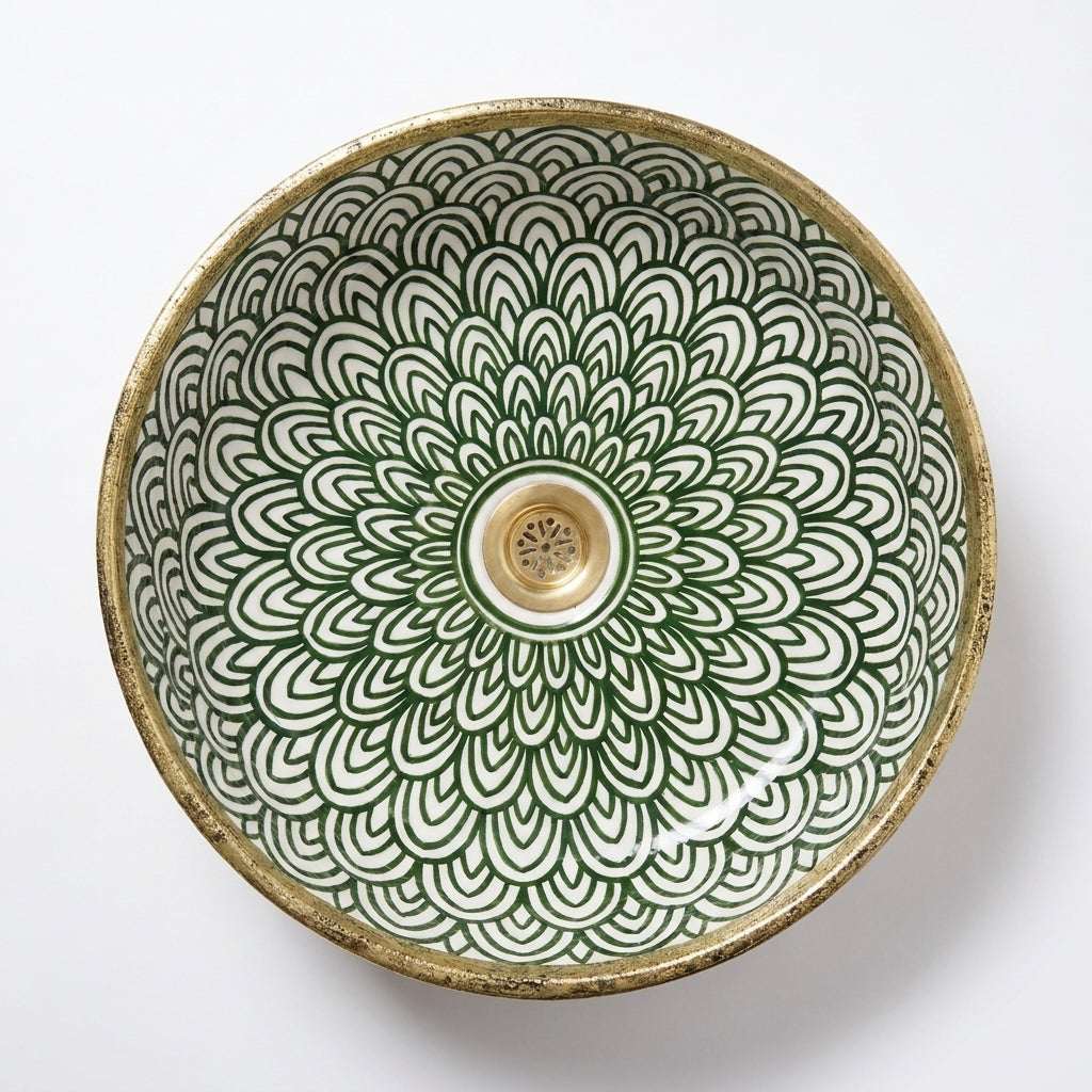 Gilded Peacock Bloom Moroccan ceramic sink - profile view