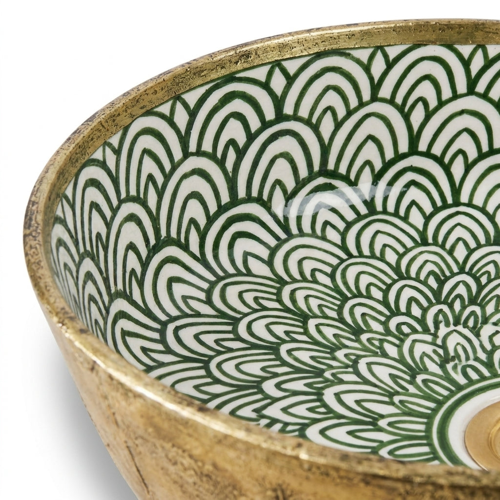 Gilded Peacock Bloom Moroccan ceramic sink - close-up of green petal painting