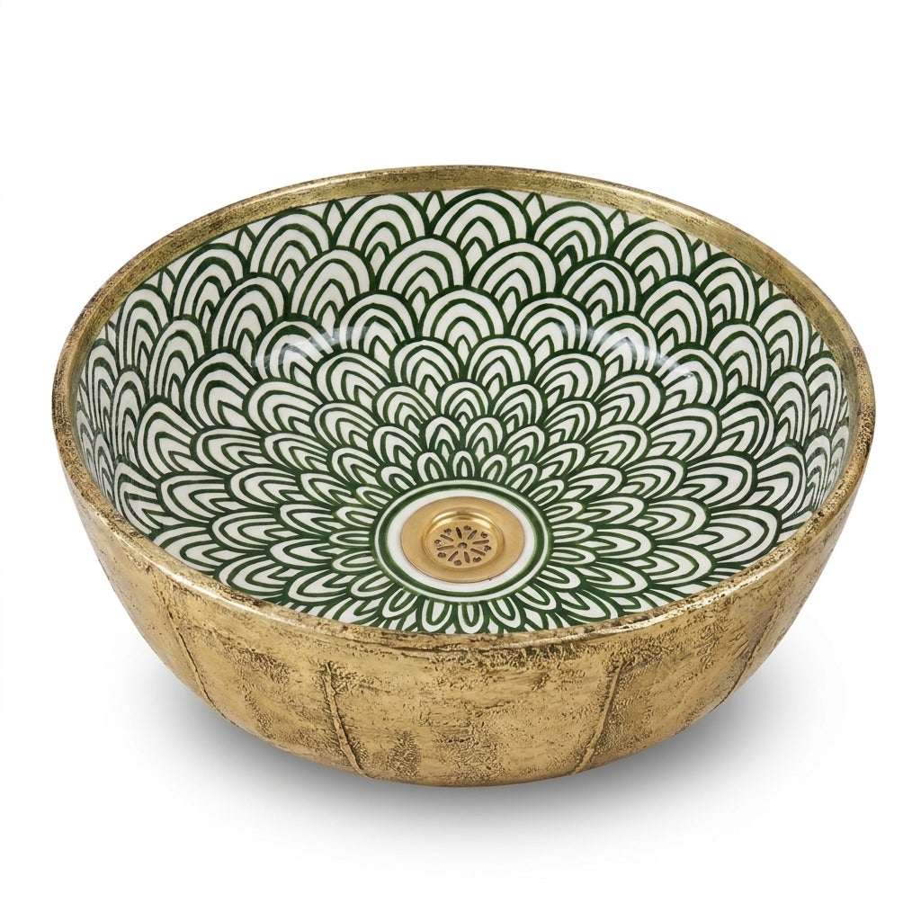 Gilded Peacock Bloom Moroccan ceramic sink - detail of gold drain and petals