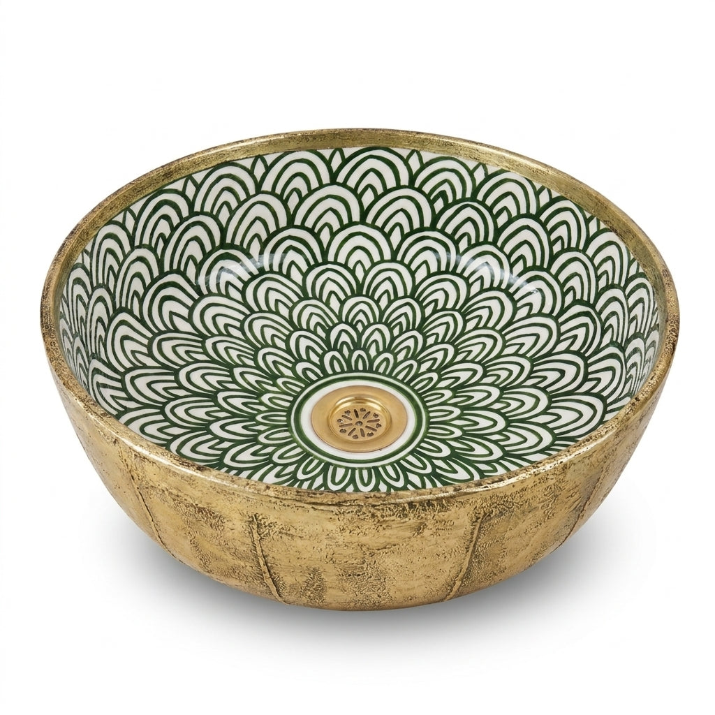 Gilded Peacock Bloom Moroccan ceramic sink - detail of gold drain and petals