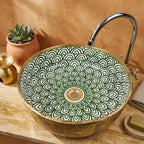 Gilded Peacock Bloom Moroccan ceramic vessel sink styled on a bathroom counter in a Moroccan-inspired setting