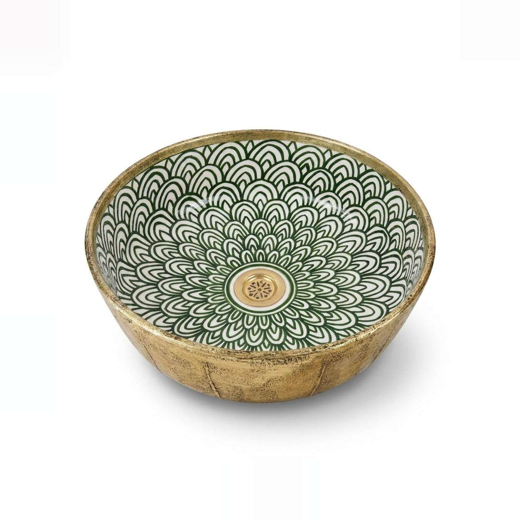 Gilded Peacock Bloom Moroccan ceramic vessel sink - green peacock petals with fully gilded gold exterior