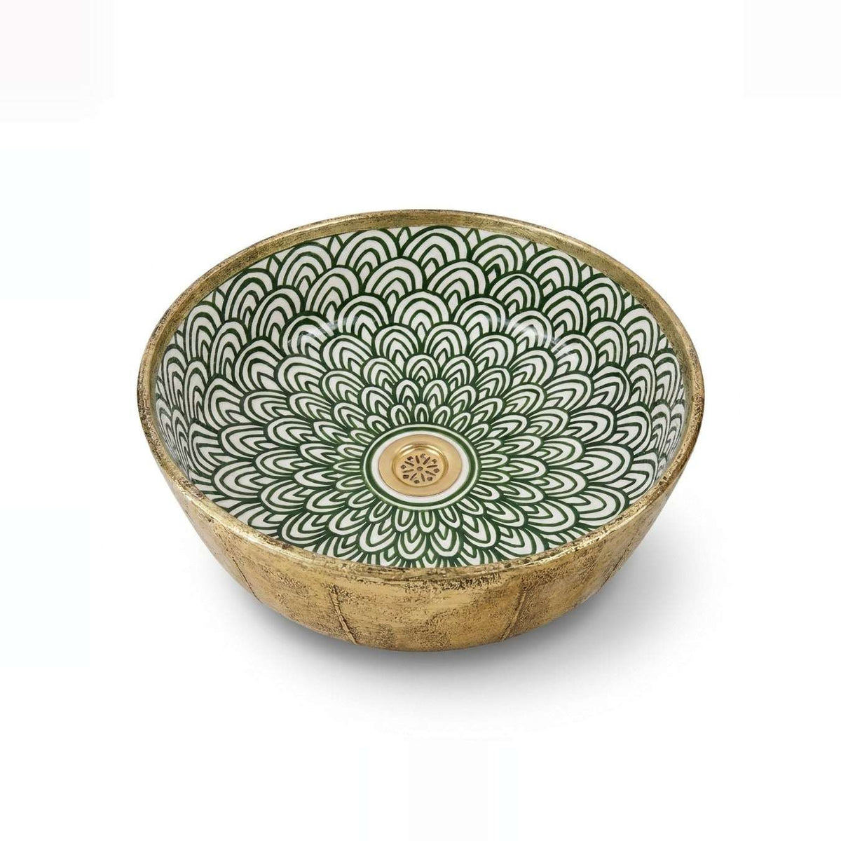 Gilded Peacock Bloom Moroccan ceramic vessel sink - green peacock petals with fully gilded gold exterior