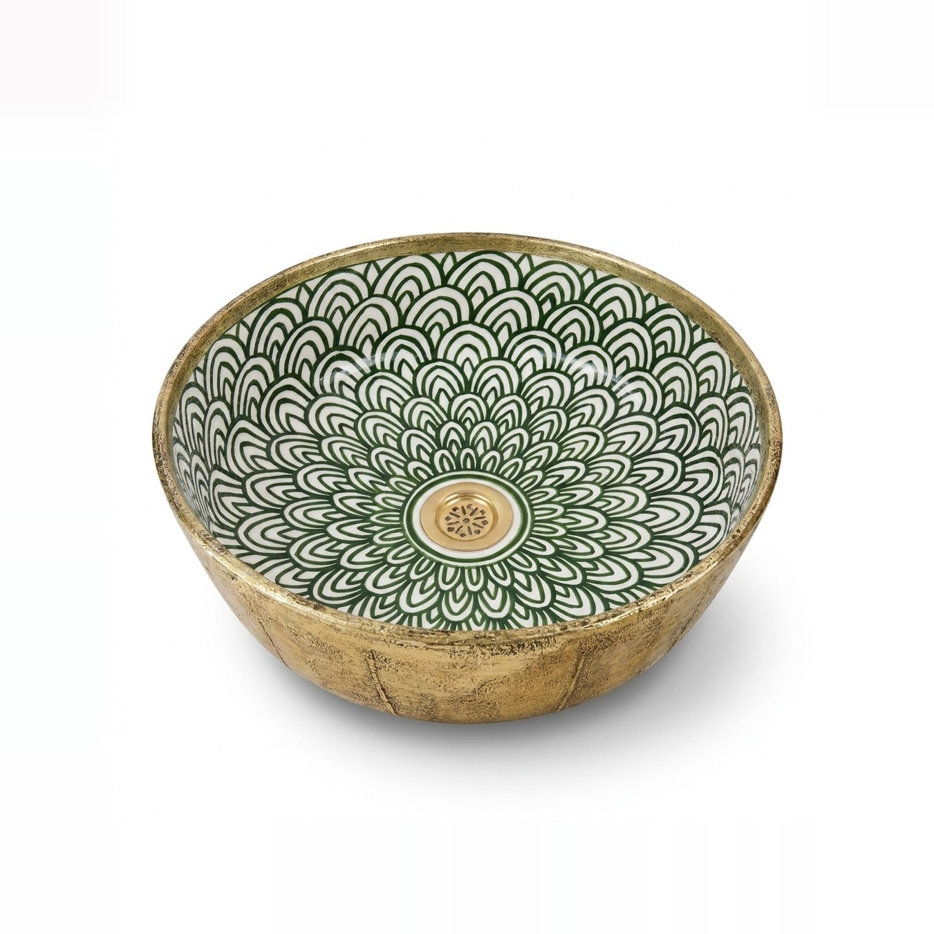 Gilded Peacock Bloom Moroccan ceramic vessel sink - green peacock petals with fully gilded gold exterior