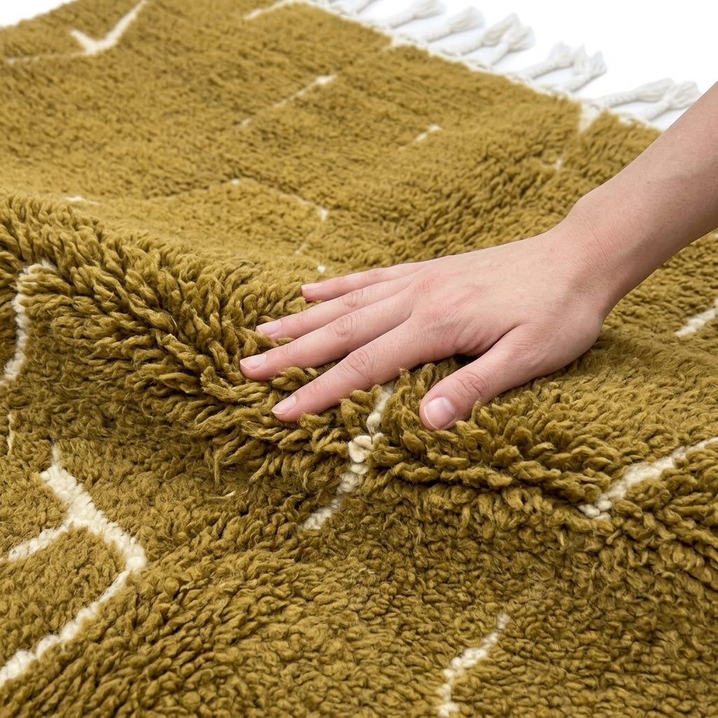 Golden Ochre Mrirt rug — hand resting on the soft wool pile