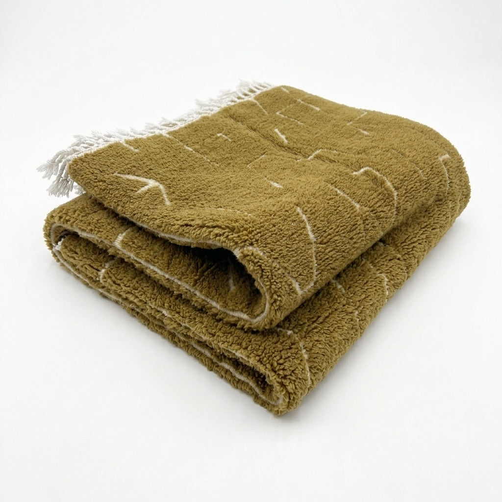 Golden Ochre Mrirt rug — rug folded showing wool thickness