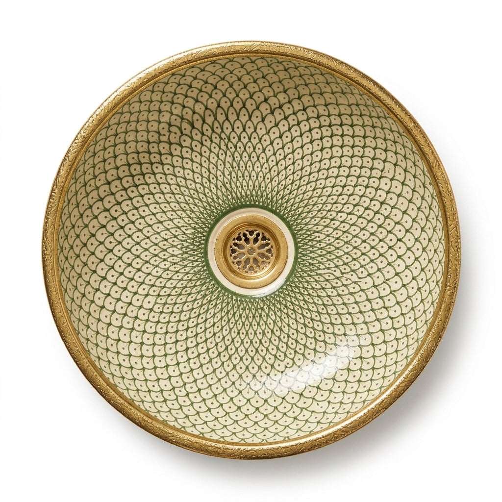 Golden Scale Mandala Moroccan ceramic sink - angled view of scale mandala