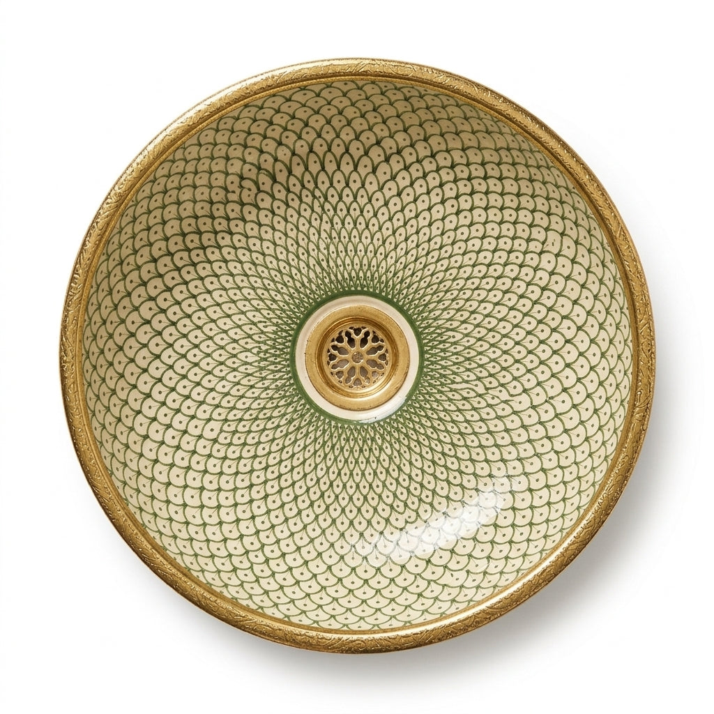 Golden Scale Mandala Moroccan ceramic sink - angled view of scale mandala