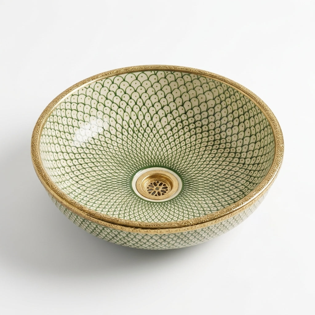 Golden Scale Mandala Moroccan ceramic sink - close-up of green scales