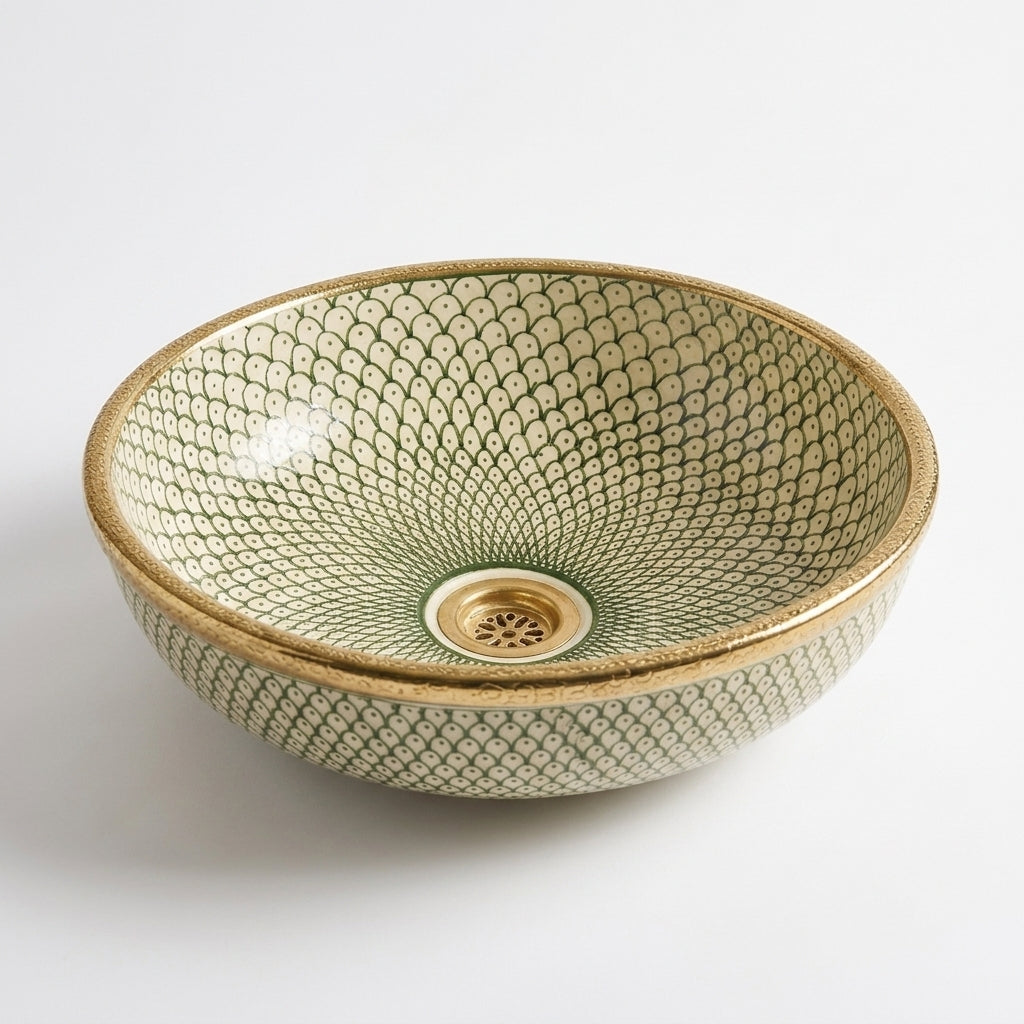 Golden Scale Mandala Moroccan ceramic sink - studio view on white background