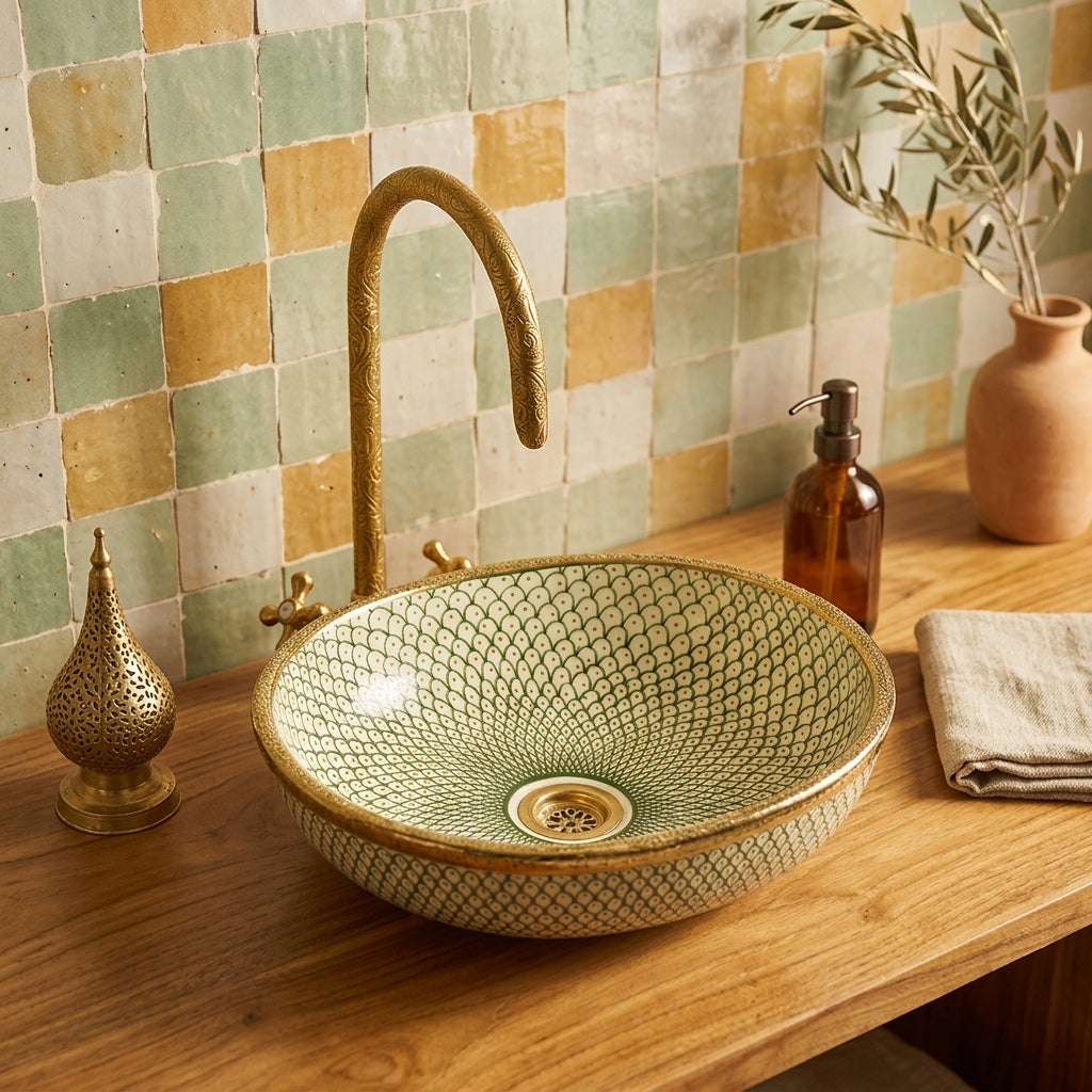 Golden Scale Mandala Moroccan ceramic vessel sink styled on a bathroom counter in a Moroccan-inspired setting