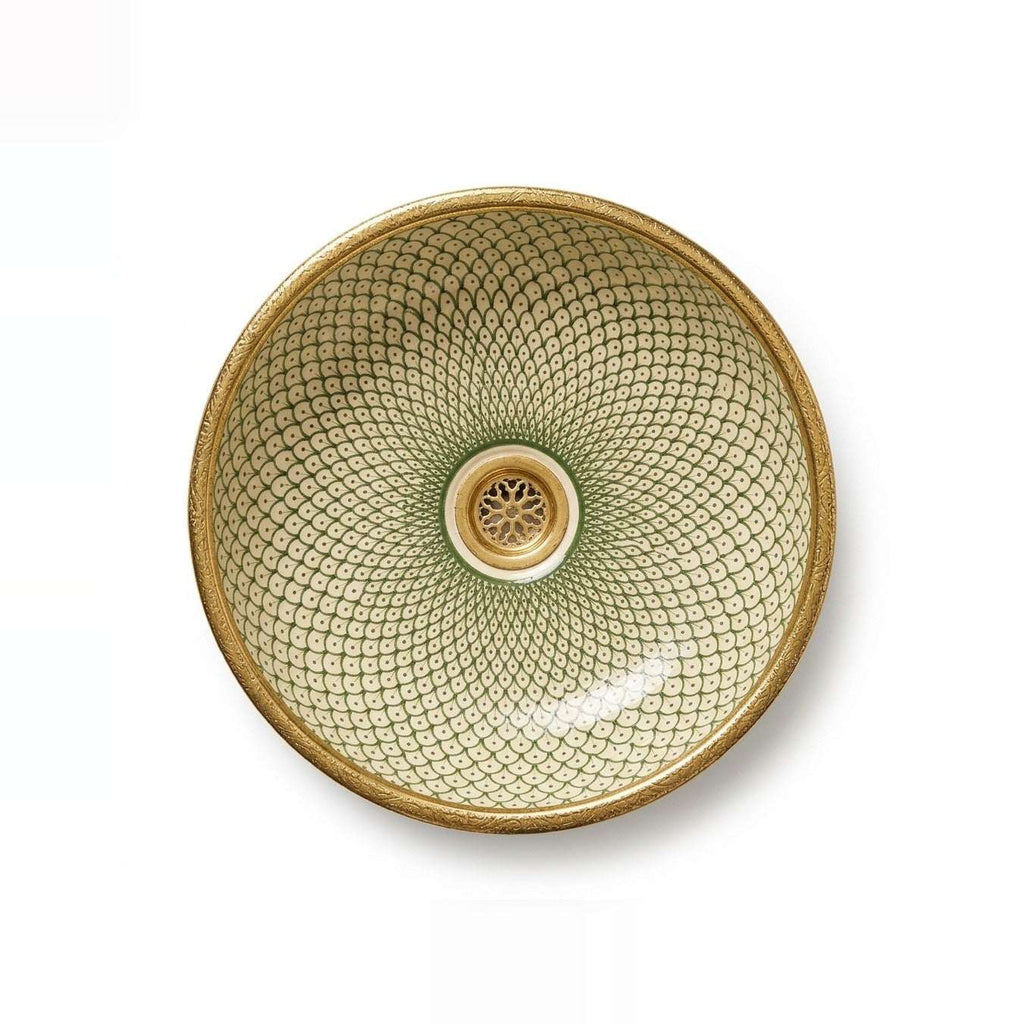 Golden Scale Mandala Moroccan ceramic vessel sink - green fish-scale mandala with antique gold rim