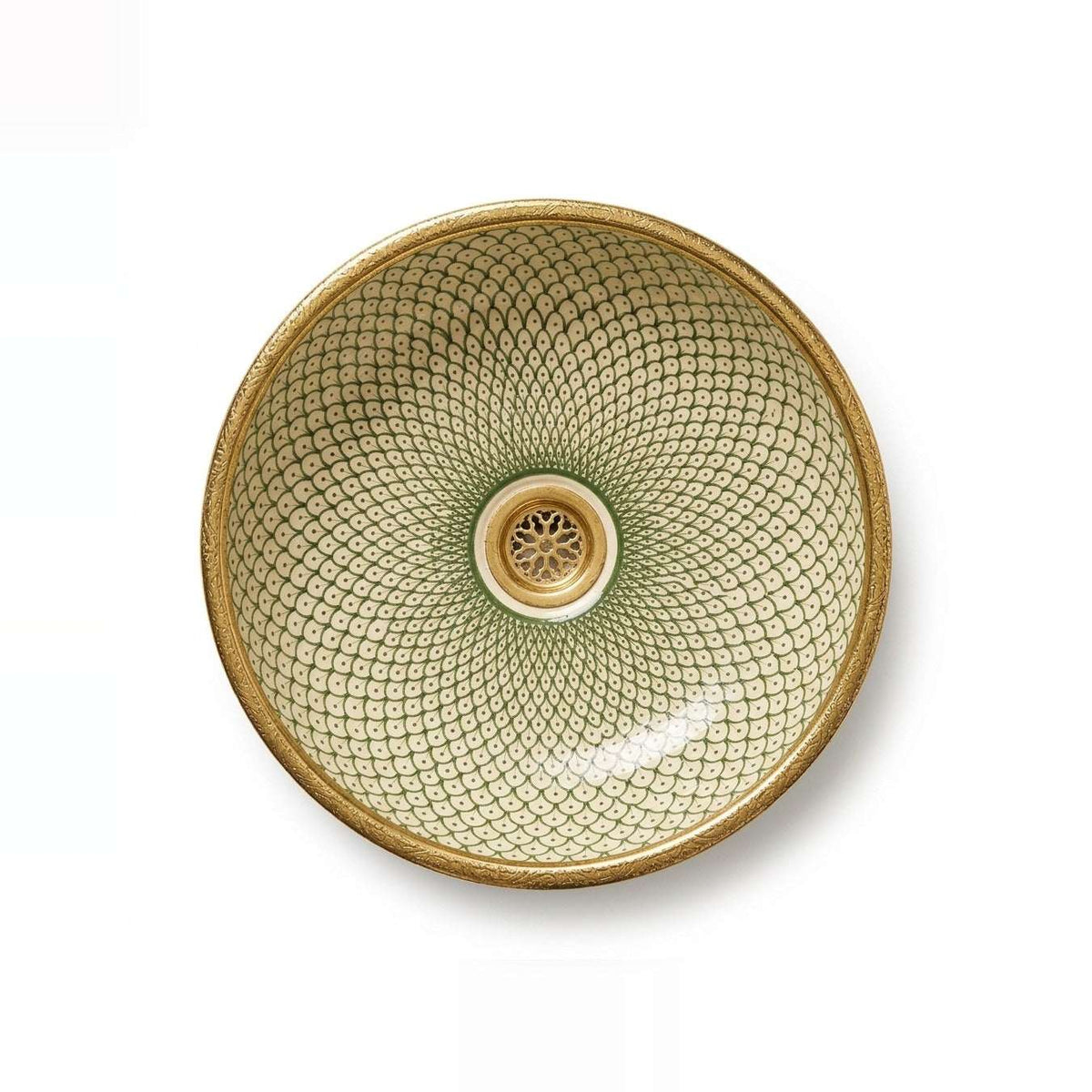 Golden Scale Mandala Moroccan ceramic vessel sink - green fish-scale mandala with antique gold rim