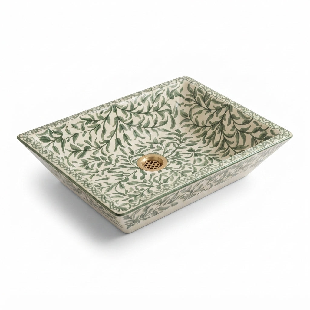 Green Vine Rectangular Moroccan ceramic sink - side angle of rectangular basin