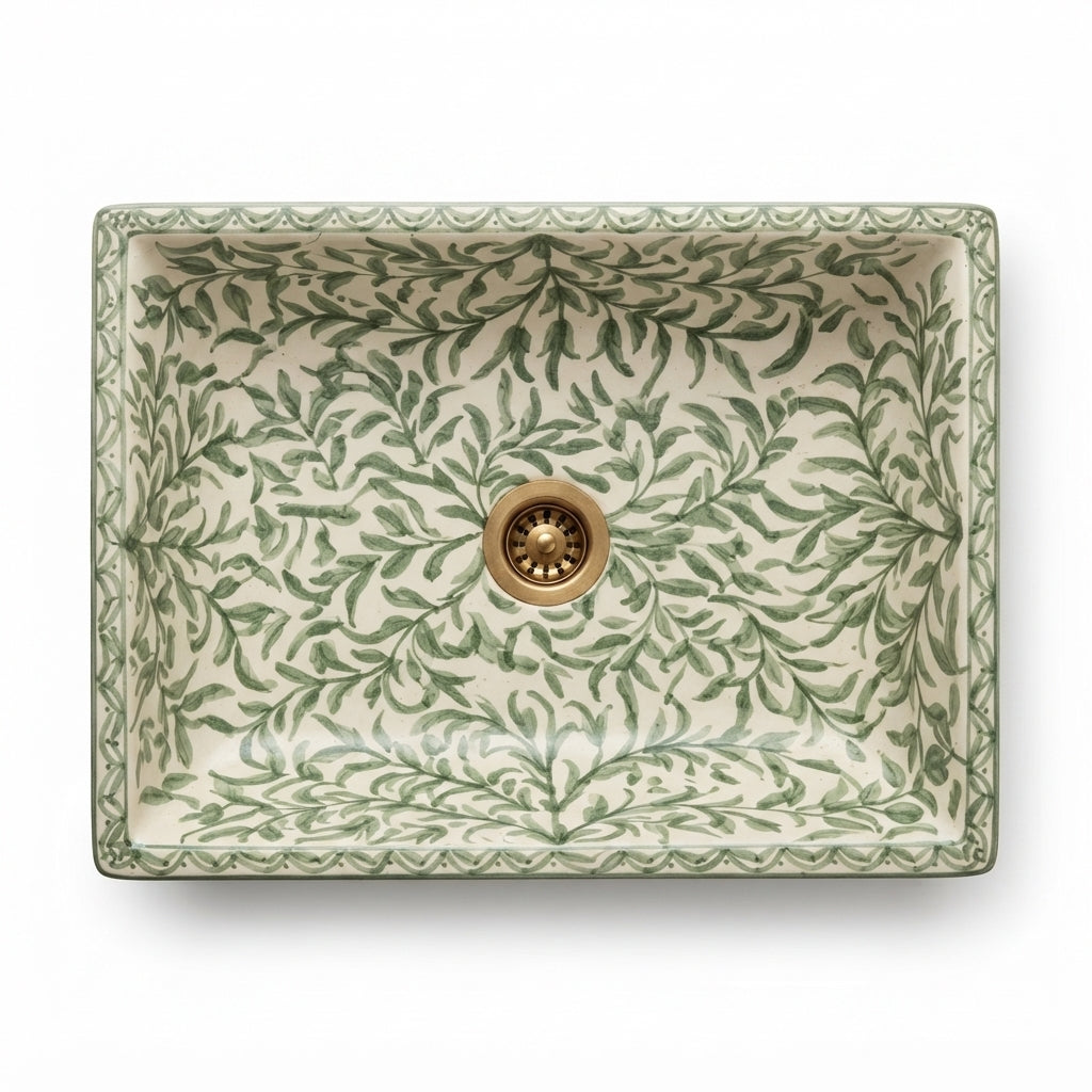 Green Vine Rectangular Moroccan ceramic sink - top view of leafy vine interior