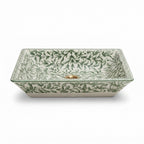 Green Vine Rectangular Moroccan ceramic sink - angled view of hand-painted foliage