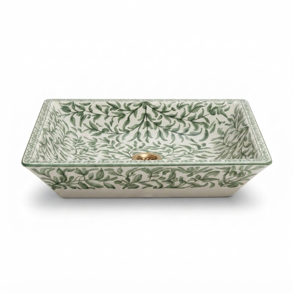 Green Vine Rectangular Moroccan ceramic sink - angled view of hand-painted foliage