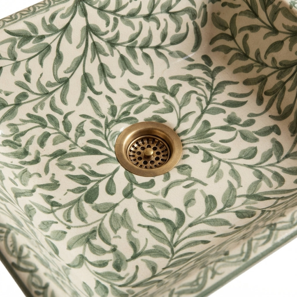 Green Vine Rectangular Moroccan ceramic sink - close-up of green floral texture