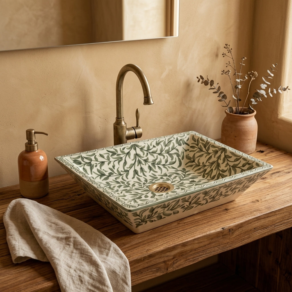 Green Vine Rectangular Moroccan ceramic vessel sink styled on a bathroom counter in a Moroccan-inspired setting