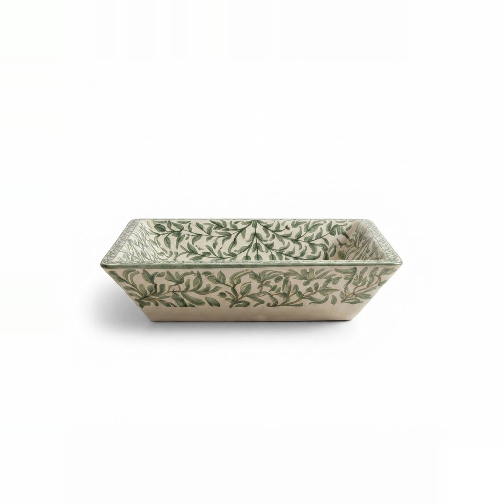 Green Vine Rectangular Moroccan ceramic vessel sink - rectangular basin with trailing green leaves on cream ground