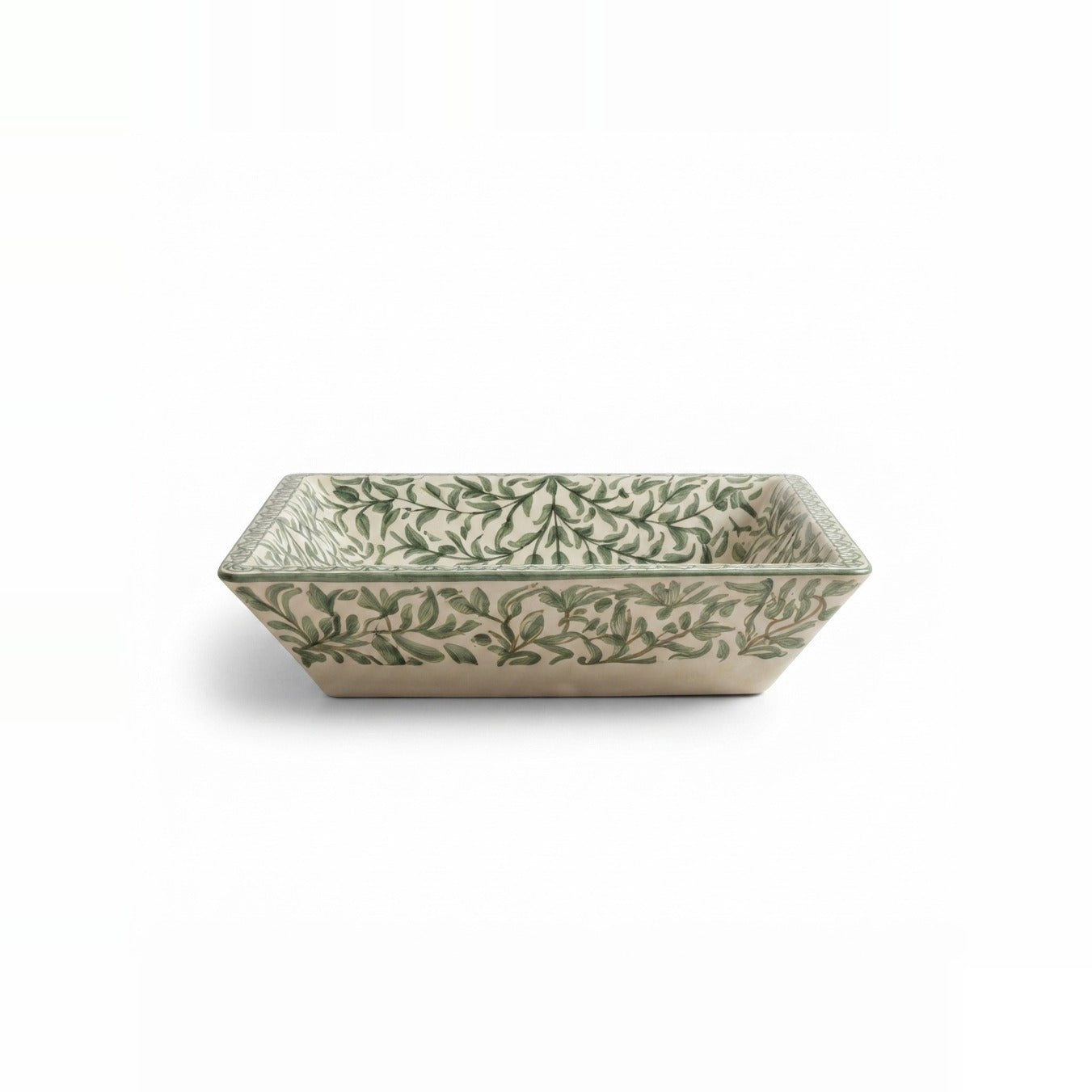 Green Vine Rectangular Moroccan ceramic vessel sink - rectangular basin with trailing green leaves on cream ground