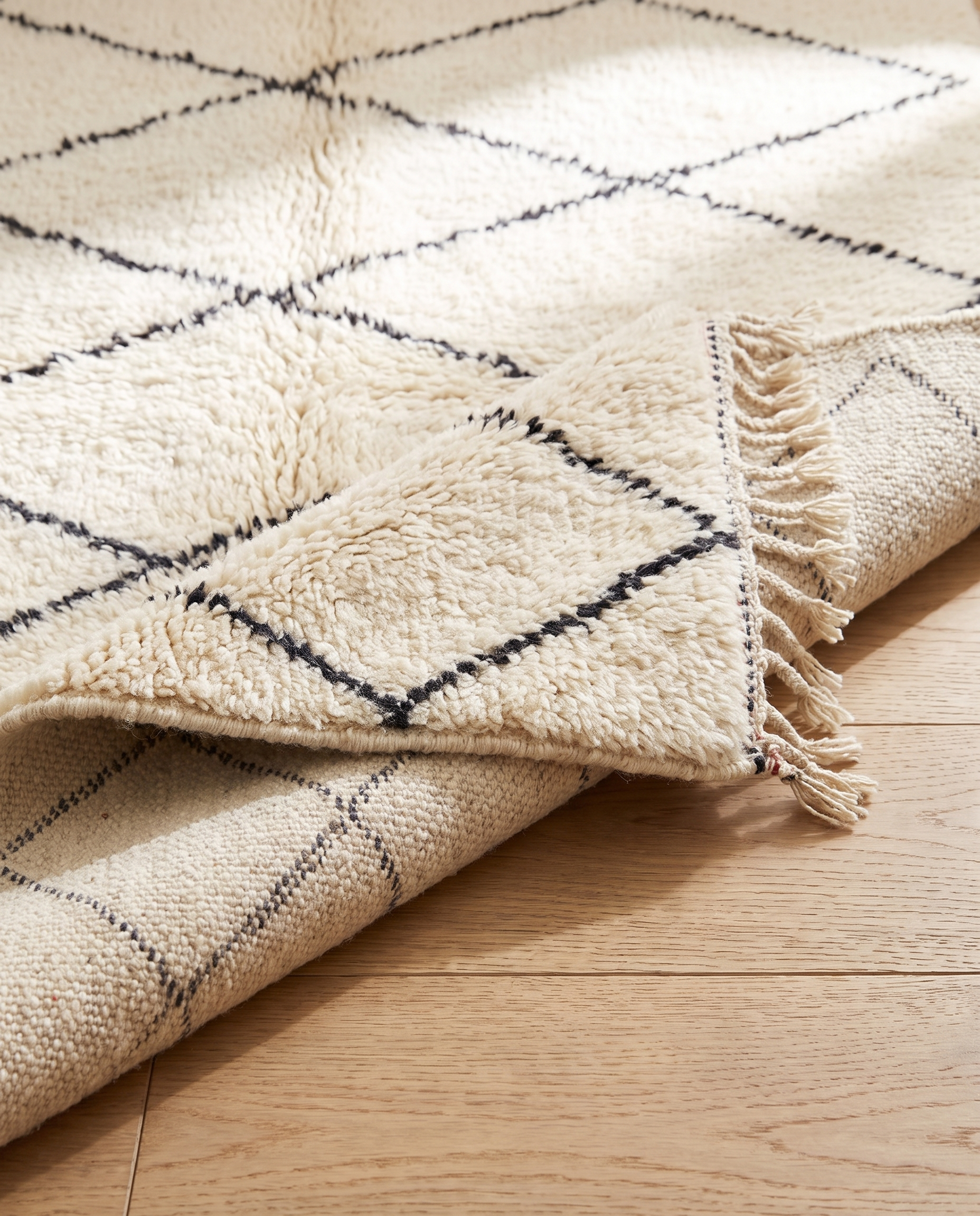 Folded corner showing thick wool pile height and handwoven back — Beni Ourain rug