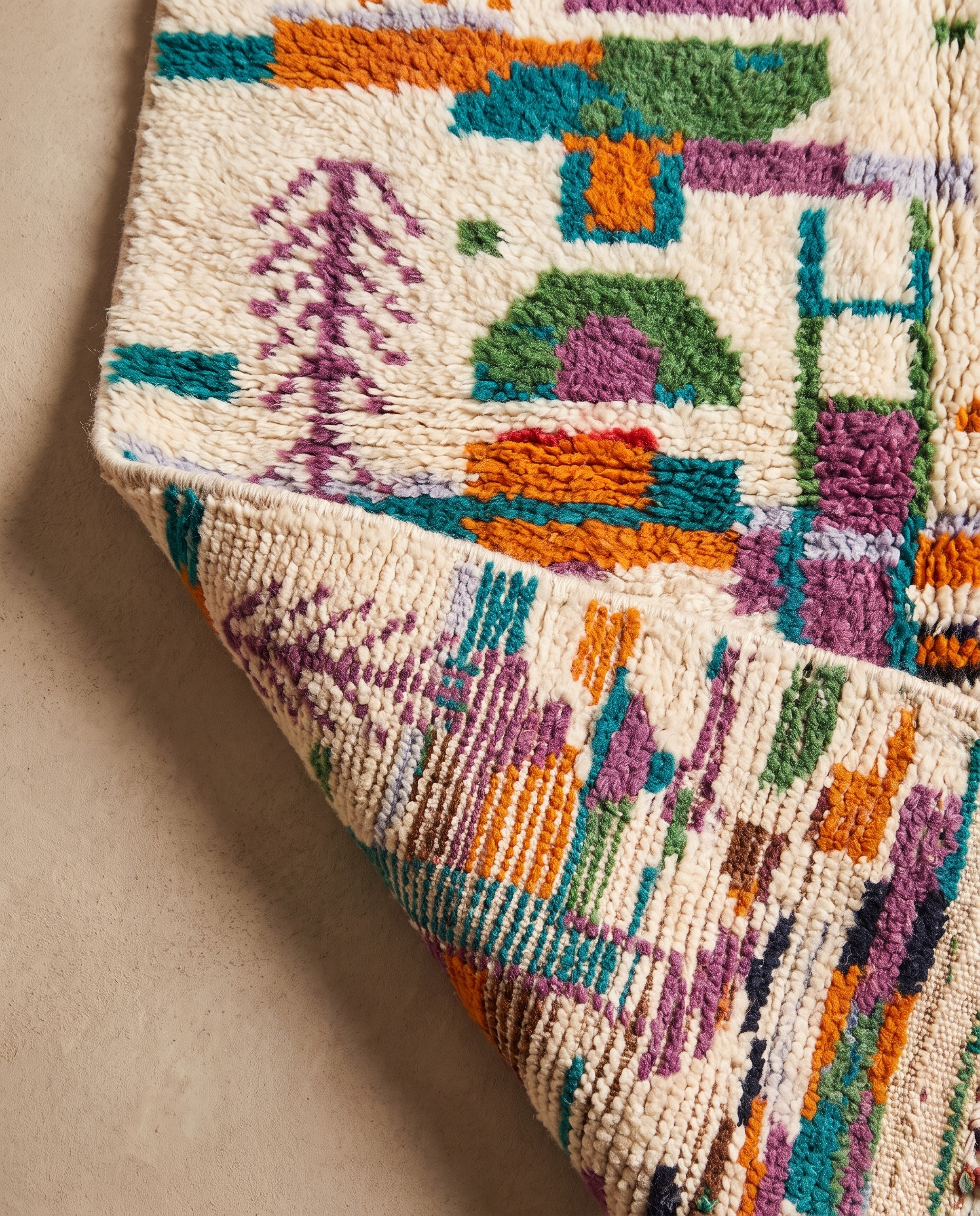Folded corner showing wool pile height and handwoven back — Boujaad rug